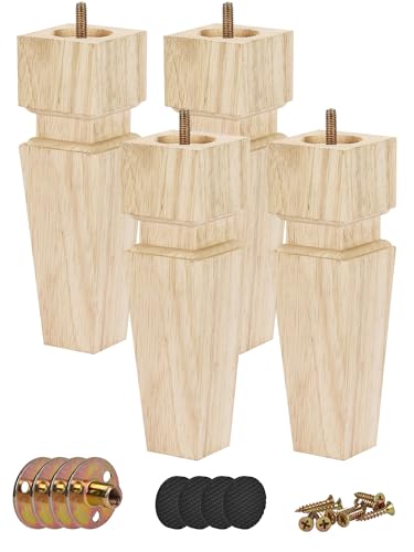 6 inch / 15cm Wooden Furniture Legs, Pack of 4 Unfinished Wood Square Mid Century Replacement Feet with 5/16" Hardware for Sofa Table Couch Cabinet Chair Bench Ottoman - color: Varnish, size: 6"/15cm