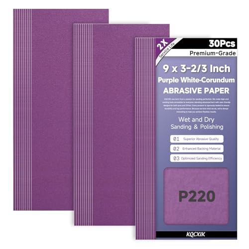 30-Sheet Premium White Corundum Wet Dry 220 Grit Sandpaper - size: 9 x 3-2/3 Inch, style: 220 Grit