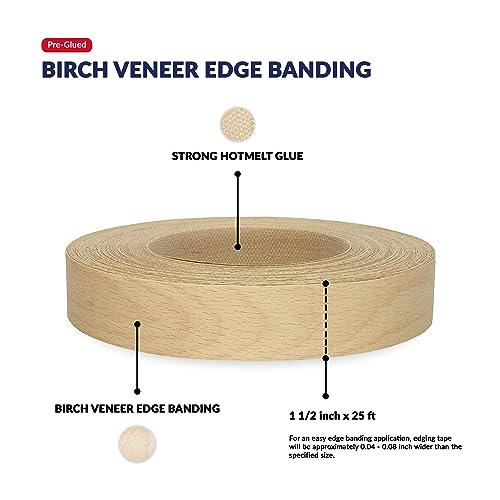 Birch Edge Banding 1-1/2 inch x 25 feet Wood Veneer Pre Glued Adhesive Edging Trim Band Tape Iron On Flexible Strip Roll Laminate Cabinate Countertop Furniture Shelf MDF Board Paintable Edgebanding - size: 1-1/2 in x 25 ft