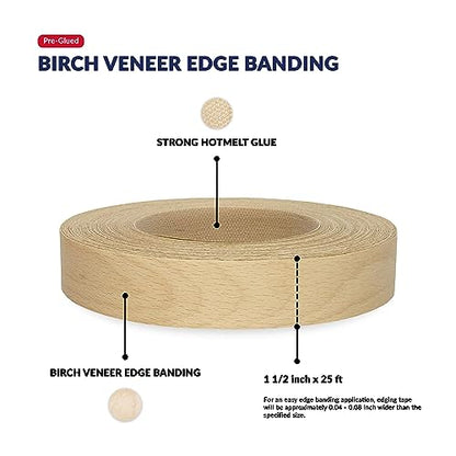 Birch Edge Banding 1-1/2 inch x 25 feet Wood Veneer Pre Glued Adhesive Edging Trim Band Tape Iron On Flexible Strip Roll Laminate Cabinate Countertop Furniture Shelf MDF Board Paintable Edgebanding - size: 1-1/2 in x 25 ft