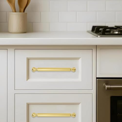 khtumeware 2-Pack Vibrant Brushed Brass Cabinet Pulls Modern Heavy-Duty Solid 3-1/2 Inch(89mm) Hole Center Drawer Pulls Cabinet Hardware Suitable for Kitchen Cabinets Bathrooms - color: Vibrant Brushed Moderne Brass, size: 3-1/2 Inch(89mm)Hole Center