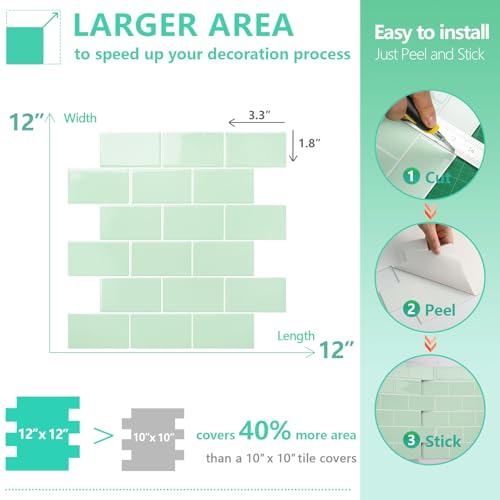 STICKGOO Subway Tile Peel and Stick Backsplash, Thicker Design 12" x 12" Stick on Backsplash Tiles for Kitchen, Bathroom, Wall Tile (10 Sheets, Light Green) - color: Light Green