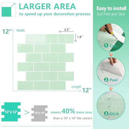STICKGOO Subway Tile Peel and Stick Backsplash, Thicker Design 12" x 12" Stick on Backsplash Tiles for Kitchen, Bathroom, Wall Tile (10 Sheets, Light Green) - color: Light Green