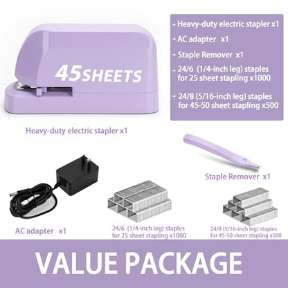 Heavy Duty Electric Stapler Value Pack, 45 Sheet Capacity, Includes 1500 Staples & Staple Remover, No-Jam, Faster Stapling, Automatic Stapler Desktop,AC Adapter Powered (Purple) - color: Purple