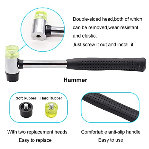 5PCS Upholstery Tools Kit - Dual Head Soft Rubber Mallet Hammer with 2PCS Replacement Head, Nail Tack Remover Tool & Removal Pliers for Furniture Floor Jewelry Craft Project etc