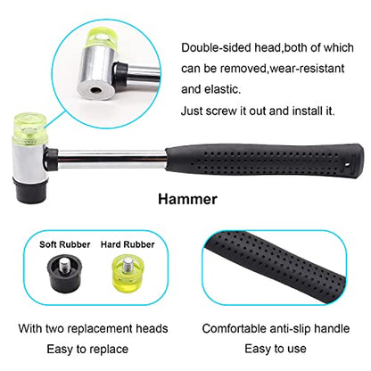 5PCS Upholstery Tools Kit - Dual Head Soft Rubber Mallet Hammer with 2PCS Replacement Head, Nail Tack Remover Tool & Removal Pliers for Furniture Floor Jewelry Craft Project etc