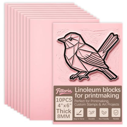 10 Pack 4" x 6" Pink Rubber Linoleum Blocks for Printmaking, 8mm Thick Linocut Blocks, Rubber Stamp Making Supplies for Carving, DIY Crafts and Art Projects - color: linocut block 4x6x0.32in-10pcs