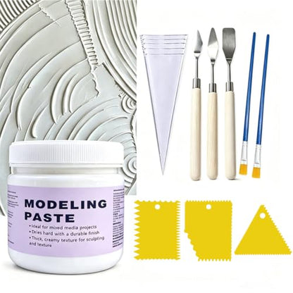 JAJADO 10.14 oz/300ml Acrylic Modeling Paste with 13 Pcs Painting Tools - color: White Modeling Paste+Palette Knife+Scrapers Tools