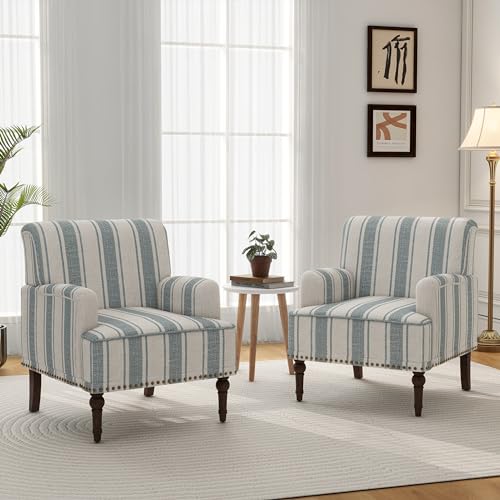 Mid-Century Modern Accent Chair, Blue Stripe, Set of 2 - color: Fabric Blue Stripe