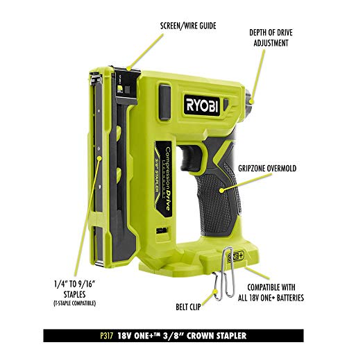 RYOBI P317KN 18-Volt ONE+ Cordless Compression Drive 3/8 in. Crown Stapler with 1.3 Ah Battery, Charger, and Sample Staples