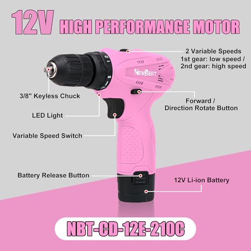 12V Pink Cordless Drill Set with Battery and Charger for Women DIY