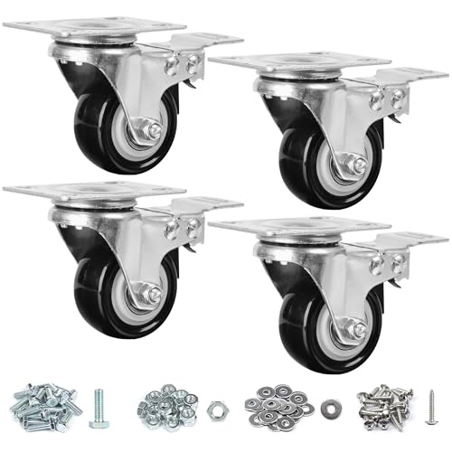 Finnhomy Caster Wheels Set of 4 with Brake 2 Inch Heavy Duty Plate Swivel Casters Premium PU Wheels for Furniture/Workbench Load Bearing 800 Lbs Lockable Anti-wear Smooth Casters Black (Free Screws) - style: 2" (with Brake)