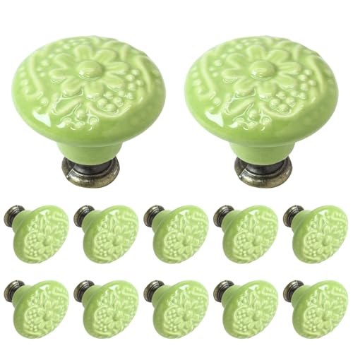 Biaungdo 12 Pcs Grass Green Ceramic Kitchen Cabinet Knobs