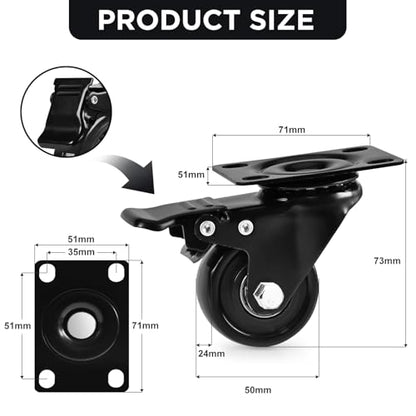 Caster Wheels,2 Inch Heavy Duty Casters with Brake,Set of 2, Black - color: Black, size: 2"