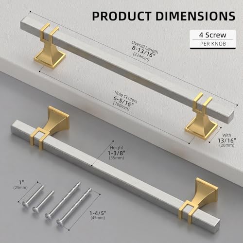 homdiy Silver and Gold Cabinet Pulls 6-1/4" Nickel and Gold Cabinet Pulls - color: Brushed Nickel & Matte Gold, size: 6-1/4 Inch(160mm) Hole Centers