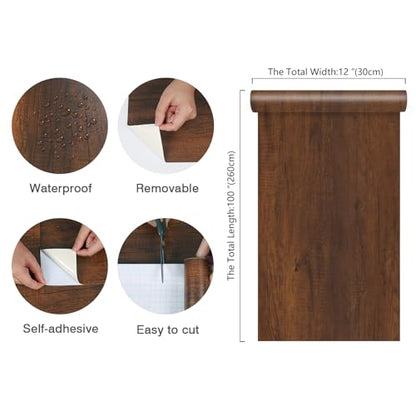 CHIHUT Cabinet Wallpaper Peel and Stick Dark Brown Wood Contact Paper for Cabinets Drawer Liner 12"x100" Self Adhesive Waterproof Wood Grain Wallpaper Decorative Vinyl Wrap for Furniture Desk - size: 12" x 100"
