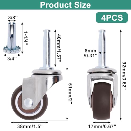 1.5 Inch Swivel Casters Set of 4, M8 Grips Neck Stem Caster Wheels, Heavy Duty Silver Caster with Rubber Wheel for Furniture Sofa Chair Cabinet - style: 1.5 inch Silver