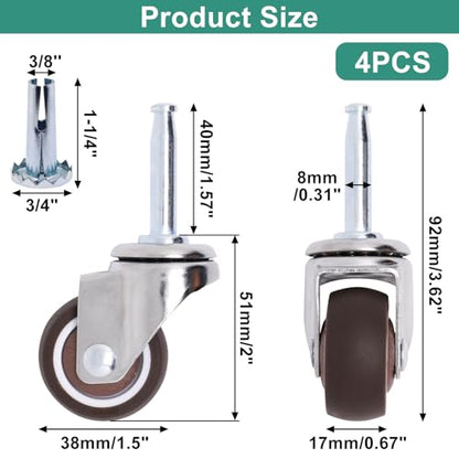 1.5 Inch Swivel Casters Set of 4, M8 Grips Neck Stem Caster Wheels, Heavy Duty Silver Caster with Rubber Wheel for Furniture Sofa Chair Cabinet - style: 1.5 inch Silver