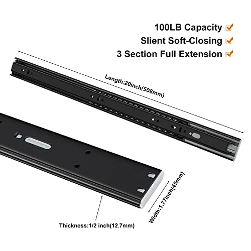 LONTAN 2 Pairs Black Soft Close Drawer Slides 20 Inch Heavy Duty Runners - color: Black, size: 20 Inch