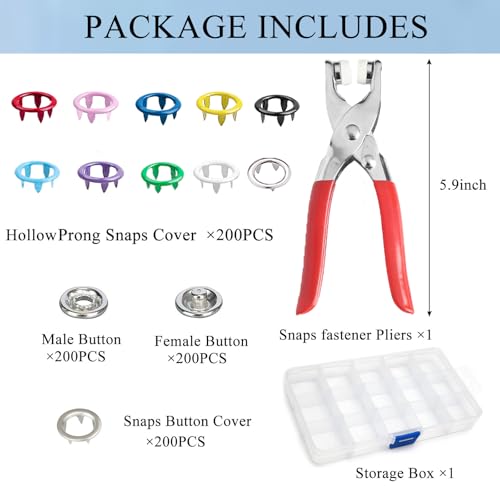 GTAAOY 9.5 mm Metal Snap Buttons with Snap Pliers, 200 Sets / 800 pcs - style: Colorful Hollow Prong Snaps-200set