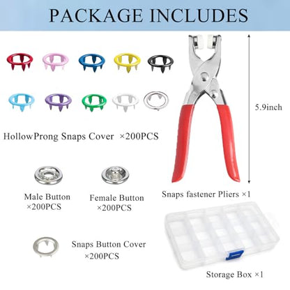 GTAAOY 9.5 mm Metal Snap Buttons with Snap Pliers, 200 Sets / 800 pcs - style: Colorful Hollow Prong Snaps-200set