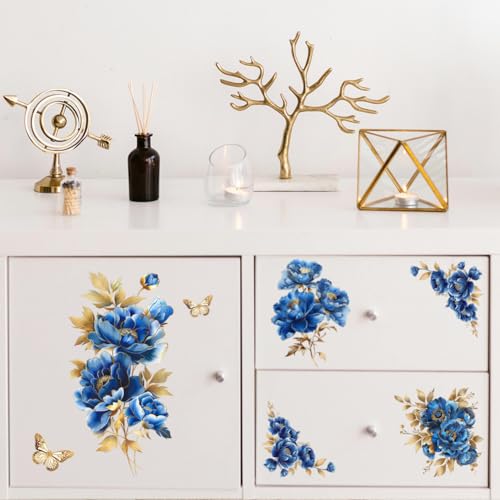 Peacoblue Blue and Gold Peonies Rub On Transfers for Furniture 6"x12" - style: Blue and Gold Peonies Flowers