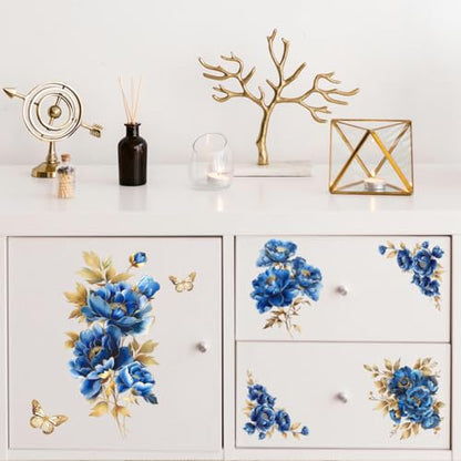 Peacoblue Blue and Gold Peonies Rub On Transfers for Furniture 6"x12" - style: Blue and Gold Peonies Flowers