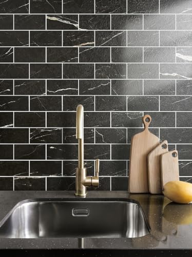 AULIGET 100 Piece Faux Stone Backsplash Peel and Stick PVC Tile, 3 Inch x 6 Inch Black Marble with White Grout Stick on Tiles for Backsplash Kitchen, Bathroom, Laundry Room, Camper, Fireplace - color: Black Marble with White Grout