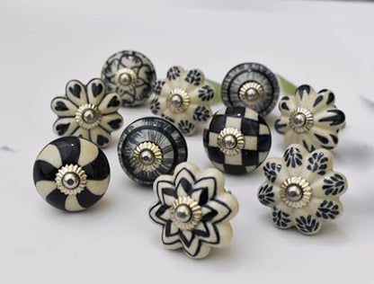 Ceramic Knobs: Cabinet & Furniture Knobs, Black & White, 6 x 3.8 cm, Set of 10, Glossy Finish, Hand-Painted, Traditional Style - color: cute_f, size: 6 x 3.8 cm (Set of 10)