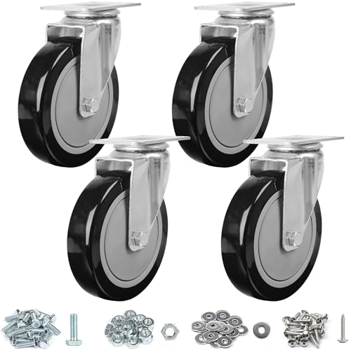 Finnhomy 5 Inch Caster Wheels Set of 4 Heavy Duty Plate Swivel Casters Polyurethane Wheels for Furniture/Workbench Premium PU Industrial Wheels 3,000 Lbs Anti-wear Smooth Casters Black (Free Screws) - style: 5" (No Brake)