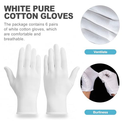 CoguZed 6 Pairs White Cotton Gloves for Jewelry & Art Handling - Thin Non-Latex Inspection Gloves for Coin Collecting, Craft Work - Unisex Size