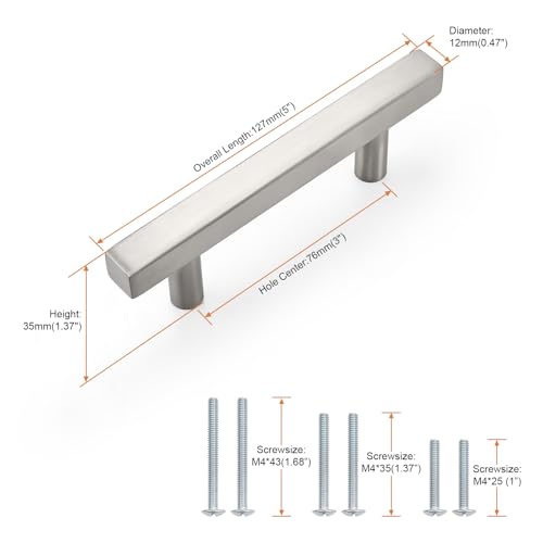 Probrico Brushed Nickel Cabinet Pulls & Handles 3" CC Square 5 Pack - color: Brushed Nickel, size: Hole Center: 76mm(3inch)