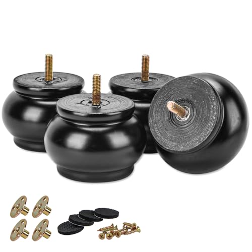 2.4 inch / 6cm Wooden Furniture Legs, Pack of 4 Classic Black Solid Wood Turned DIY Replacement Bun Feet with M8 Hanger Bolts & T-Nuts for Sofa Couch Ottoman Cabinet Table Riser