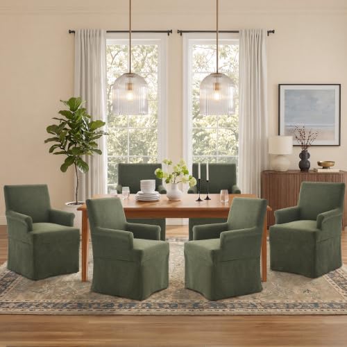 Arm Dining Chair Fabric Long Skirt Slipcovered High Back Upholstered Dinner - color: Green, size: 6 PCS