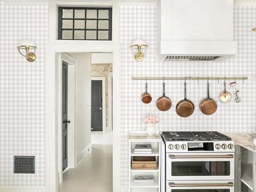 Plaid Wallpaper Neutral Wallpaper 196"×17.3" Checkered Wall Paper Peel and Stick Modern Beige Contact Paper for Cabinets Vinyl Renter Friendly Waterproof Self-Adhesive Bathroom Kitchen Bedroom - color: Beige and White, size: 17.3" x 196"
