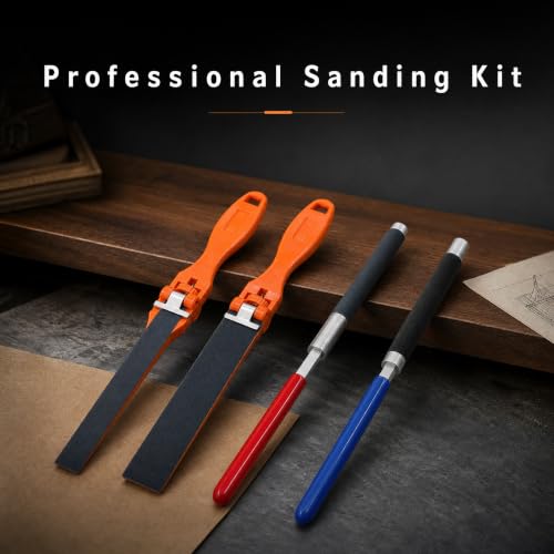 4PCS Sanding Block Set with Handle and Plastic Rod - Replaceable Flat File Sanding Sticks and Polishing Strips for Wood, Metal, Furniture, Cabinet, and Automotive Sanding Restoration