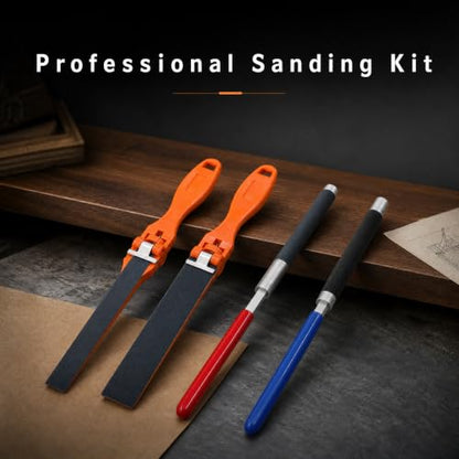 4PCS Sanding Block Set with Handle and Plastic Rod - Replaceable Flat File Sanding Sticks and Polishing Strips for Wood, Metal, Furniture, Cabinet, and Automotive Sanding Restoration