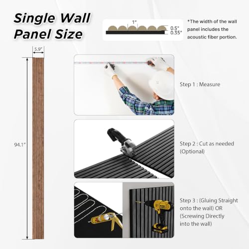 SMARTSTANDARD Wood Fluted Acoustic Wall Panels, 94x5.9in, 6 Pcs, Brown - color: Brown