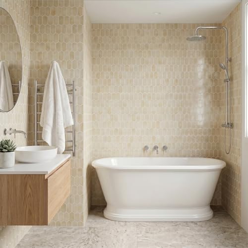 Arttown Peel and Stick 3D Wall Backsplash, 10-Sheet, 12" × 12" Hexagon - color: Beige Hexagon, size: 10PC 12"x12"