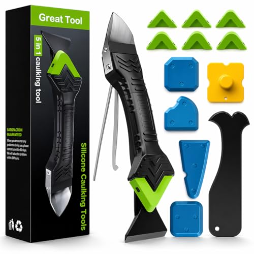 5-in-1 Silicone Caulking & Grout Tool Kit – Multi-Purpose Sealant Finisher with Grout Scraper, 6 Reusable Silicone Pads & Adhesive Removal for Kitchen, Bathroom & Window Seams