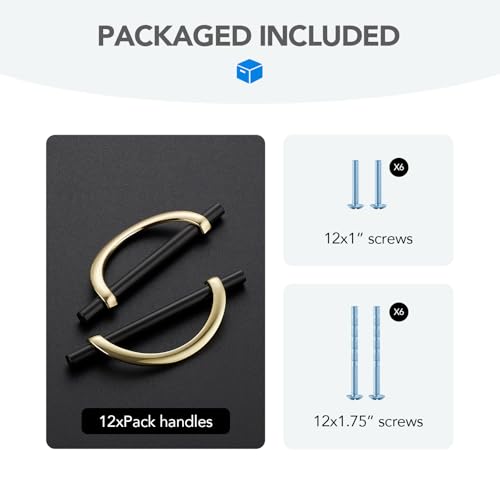 Polished Brass & Matte Black Cabinet Pulls Curved, 5 Inch/128 mm, 10 Pack - color: Gold & Matte Black, size: 5 Inch Hole Center