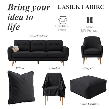 LaSilk- Premium Upholstery Fabric by the Yard, 57" Wide Thicken Faux Linen Fabric for Couch, Sofa, Chair, Pillow Cover (Black, 1 Yard) - color: Black, size: 1 yard