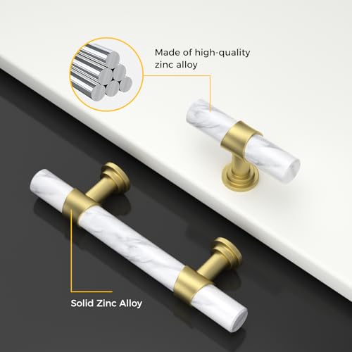 Rergy 10 Pack Cabinet knobs, White Marble & Matte Gold Single Hole Pulls - color: White Marble & Matte Gold, size: Single Hole