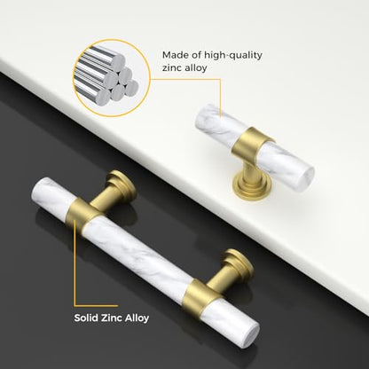 Rergy 10 Pack Cabinet knobs, White Marble & Matte Gold Single Hole Pulls - color: White Marble & Matte Gold, size: Single Hole