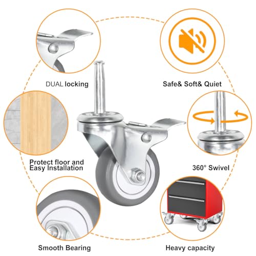 2 Inch Stem Caster Wheels, 5/16" x 1-1/2" (Stem Diameter 5/16", Length 1-1/2") TPR Replacement Wheels Swivel Casters Set of 4 (with Sockets) (2.0 Inch Grey TPR Caster Without Brake) - style: 2.0 Inch Grey TPR Caster without Brake