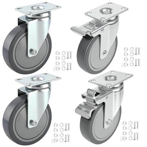 5 Inch Swivel Casters Set of 4 with 2 Brake, Heavy Duty Grey Polyurethane Wheels, 360-Degree Silent Smooth Rotation, 1240 lbs Capacity 4-Pack for Carts, Industrial Equipments, Workbench - style: 5 Inch