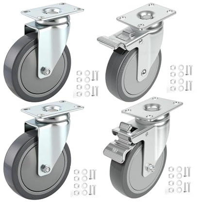5 Inch Swivel Casters Set of 4 with 2 Brake, Heavy Duty Grey Polyurethane Wheels, 360-Degree Silent Smooth Rotation, 1240 lbs Capacity 4-Pack for Carts, Industrial Equipments, Workbench - style: 5 Inch