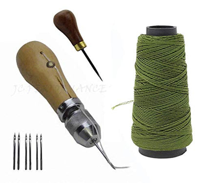 JC Performance Leather Sewing Awl Quick Stitch Repair Tool Set Heavy Duty Thread (with Stab Tool, Olive Green) - color: Olive Green, size: With Stab Tool