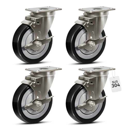 5" Stainless Steel Casters Set of 4 Heavy Duty, Swivel Industrial Caster Wheels, Anti-Corrosion Rust-Proof Plate Polyurethane Casters for Hospitals Food Labs (4 Brake) - style: 4 Brake