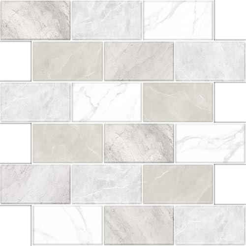 10 Sheets Peel and Stick Backsplash for Kitchen 12"X12" Renter Friendly Backsplash Back Splash Adhesive Subway Wall for Bathroom Tile Sticker Off-White Marble （Not 3D Tile